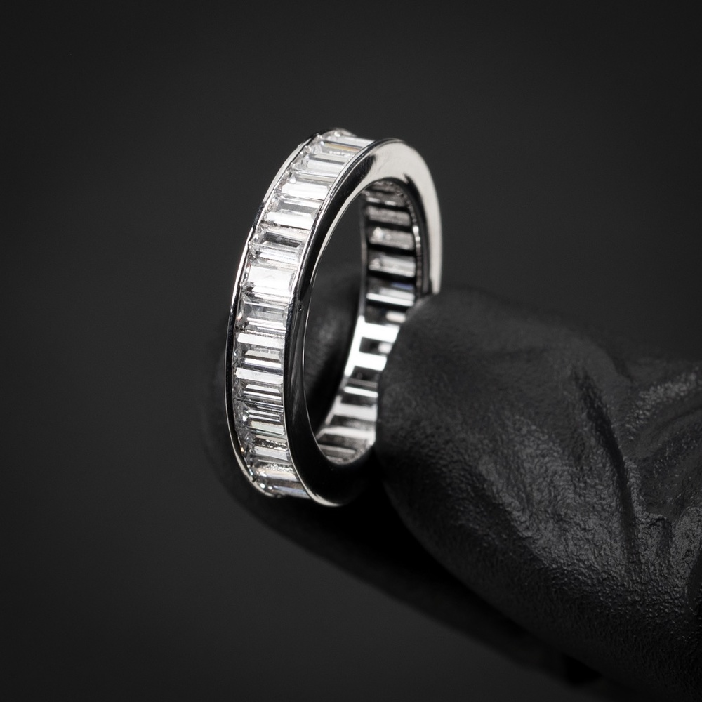 Men Iced White Gold Plated Channel Set Cz Eternity Band  Baguette Statement Ring